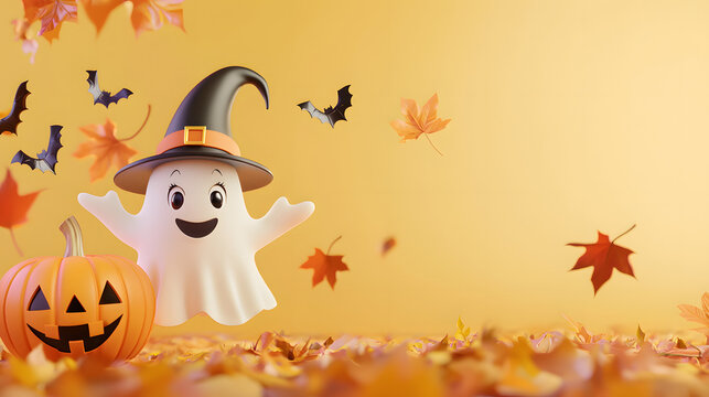 Adorable ghost wearing a witch hat surrounded by Halloween pumpkins and flying bats on a bright orange studio background, playful spooky season and festive celebration concept