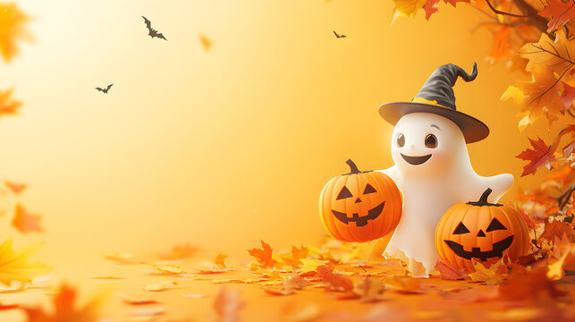 Cute ghost in witch hat with halloween pumpkins and bats on orange studio background