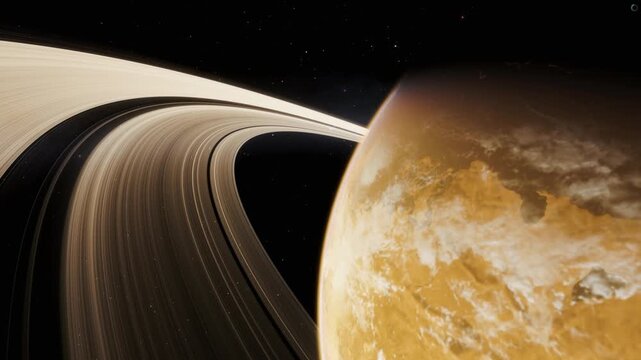 Alien planet with rings space flight concept approaching the exoplanet in dark deep universe in 4K Ultra HD footage.
