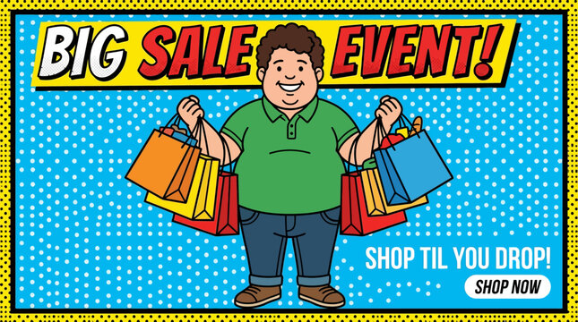 Fat Man Carrying Shopping Bags Cartoon Character