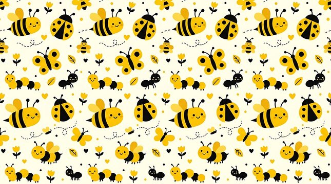 Cute cartoon insects seamless pattern with bees and ladybugs
