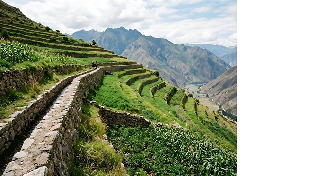 Ancient stone terraces on a green mountain slope in the andes