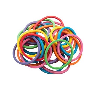 A pile of colorful elastic rubber bands isolated on a white background.