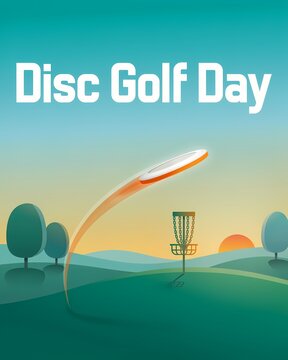 Minimalist vector illustration celebrating Disc Golf Day with a flying disc entering the metal basket target