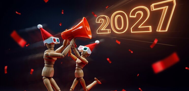 Wooden mannequins celebrating new year 2027 with megaphone, red santa hats, 3D glasses, and falling confetti