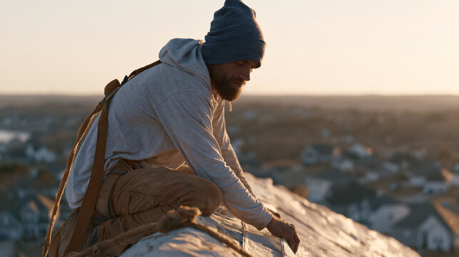A gutter guard installer perches on a residential rooftop edge fitting mesh panels along an eave, safety harness clipped to ridge anchor, suburban homes visible in background