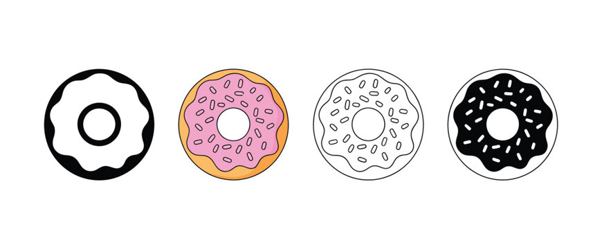 Donut vector set featuring airy fresh glazed ring doughnut with sweet pastry icon for bakery branding and logo design.