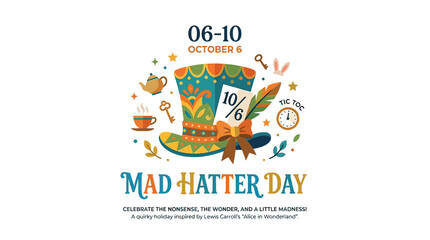Fototapeta premium Whimsical and Colorful Mad Hatter Tea Party Hat Vector Illustration for Wonderland Themed Celebration