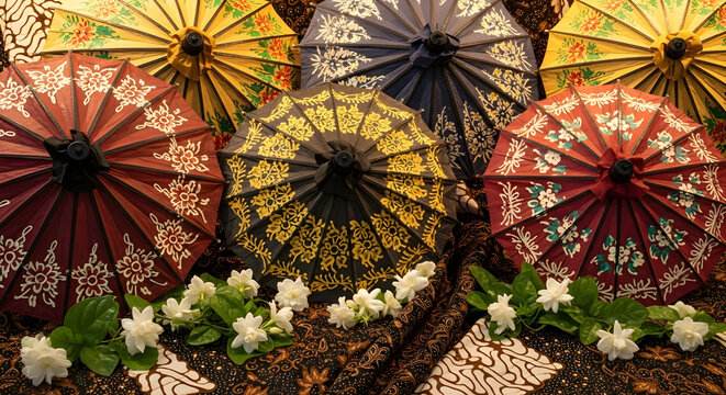 Colorful Traditional Umbrellas with Batik Patterns and Jasmine Flowers