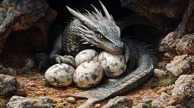 Fantasy creature protecting eggs in rocky den