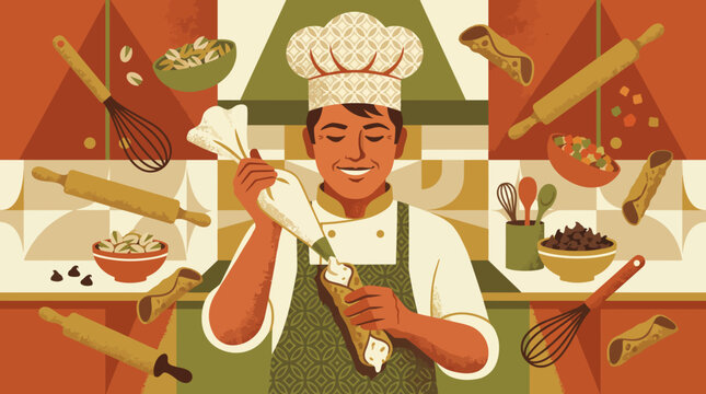 Professional Pastry Chef Decorating Fresh Italian Cannoli with Sweet Cream Filling in a Traditional Kitchen Illustration