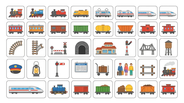 A comprehensive collection of flat vector icons featuring various trains railway infrastructure and travel elements for transportation design