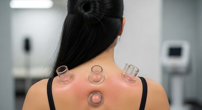 A woman's back with suction cups applied for therapy