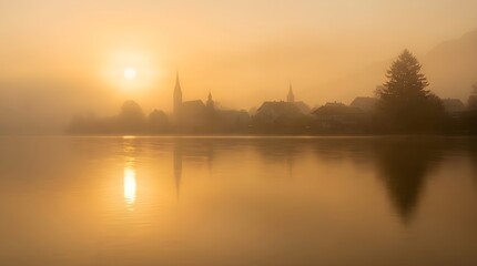 Fototapeta premium Golden Sunrise Over a Serene River and Tranquil Lake with Colorful Sky Reflections Morning Clouds and Peaceful Nature Landscape