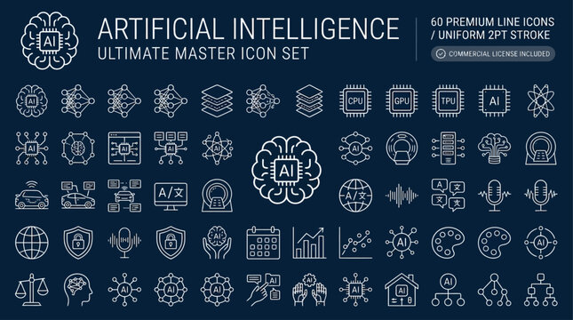 Artificial Intelligence Icons Set: A comprehensive collection of clean, line art icons representing various facets of artificial intelligence, technology, and data.