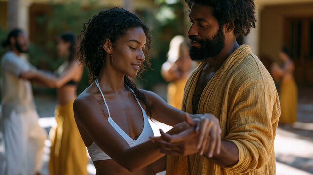 A Brazilian capoeira instructor corrects a student's ginga stance in a sunlit outdoor courtyard, hands shaping the student's arm position, other students practicing in pairs