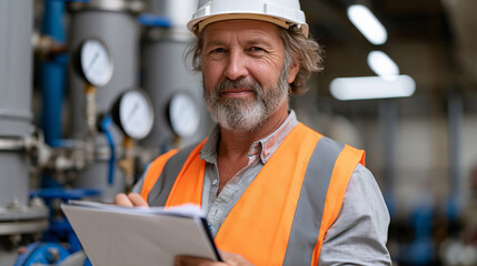 Fototapeta premium Sewage treatment plant operator in hard hat and high visibility vest checking pressure gauges and valve settings on large pipe manifold inside industrial facility clipboard tucked