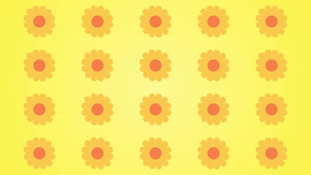 Animated seamless floral pattern background featuring repeating flower motifs in warm yellow tones. Perfect for cheerful presentations, kids content, seasonal promotions, and decorative motion graphic