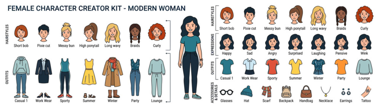 Female Character Creator Kit Modern Woman Cartoon Style