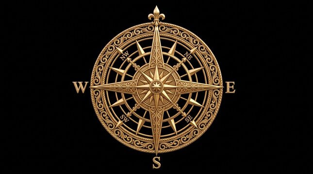 Golden compass rose decorative emblem, elegant navigation symbol, metallic finish, premium quality, crystal clear, highly detailed, isolated on transparent background.