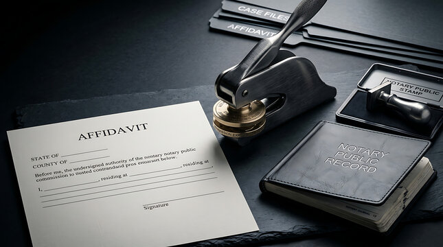 Blank affidavit legal document page beside metal notary public seal embosser