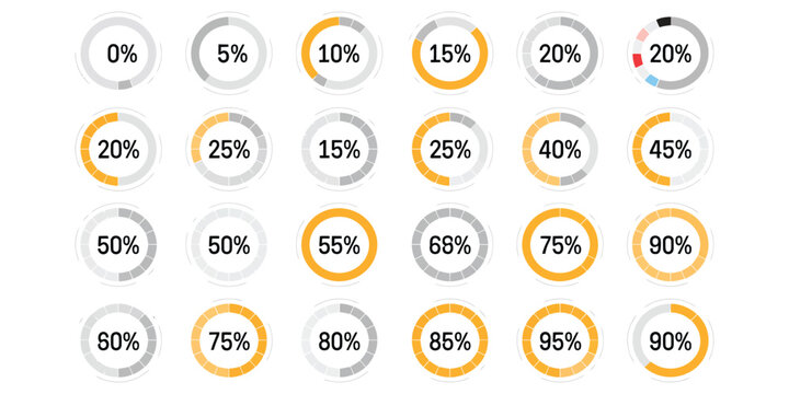 Progress circle indicators with orange fill percentage for loading status, completion tracking, data visualization, and user interface design