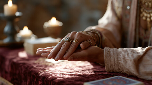 A palm reader traces the lines of a client's outstretched hand across a velvet-draped table in a dim candlelit booth, rings on every finger, tarot cards stacked nearby, mysticism,