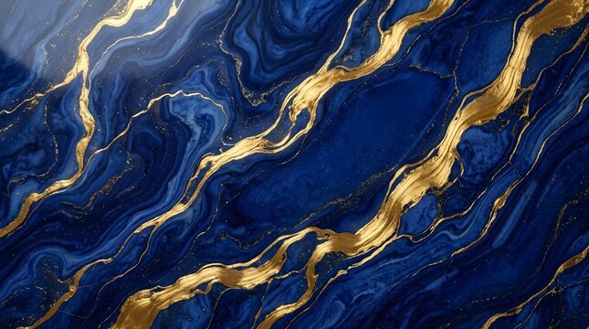 Abstract cobalt blue marble background with fluid gold metallic veins, lapis lazuli stone texture, luxury decorative fluid art pattern for interior design and digital backdrop.