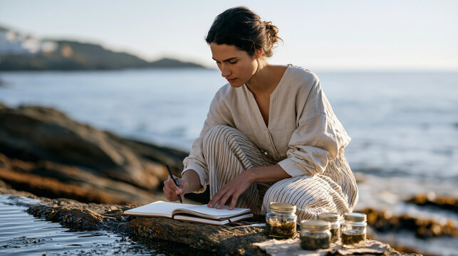 Young marine biologist crouching at a tidal rock pool with field notebook and specimen jars, coastal research, intertidal ecology, ocean science, female scientist fieldwork,