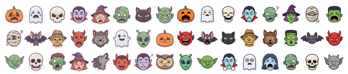 Fototapeta premium Halloween Monster Face Emoji Icon Set Vector Cartoon Collection
