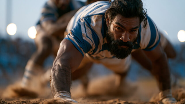 Tall bearded man wearing a kabaddi match jersey holding his breath mid-raid, body low and aggressive as defenders brace for the tackle on a compacted clay court, dust rising