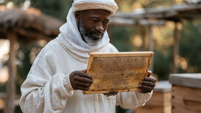 Kenyan beekeeping cooperative member in a veil suit carefully lifting a honeycomb frame from a hive, apiculture, smallholder agriculture, ethical food sourcing, rural enterprise,