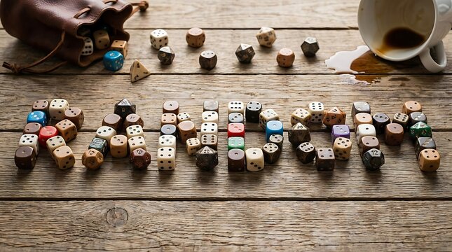 A wooden table with colorful dice forming a word and a cup of coffee