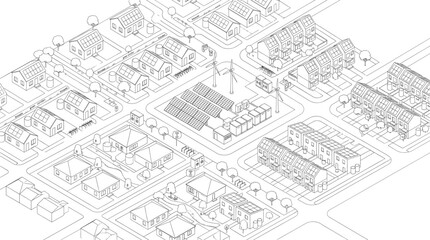 Fototapeta premium Isometric line drawing of a sustainable smart neighborhood with solar panels wind turbines and green infrastructure urban planning