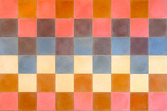 Colorful ceramic tile texture with a checkerboard pattern in warm pastel tones and a matte finish. Decorative surface ideal for walls, flooring, interior design, and architectural backgrounds.