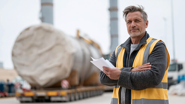 Oversize cargo transport coordinator standing beside an enormous industrial turbine component on a flatbed trailer parked at a staging yard, wide load logistics, heavy haulage