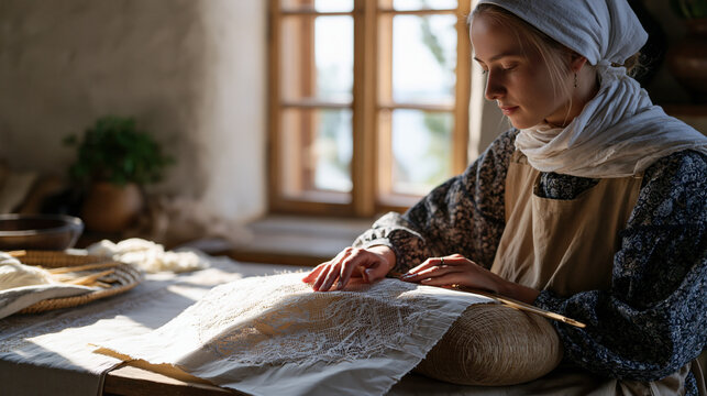A Hungarian lace maker works bobbins around a cylindrical pillow in a sunlit cottage window, intricate thread pattern emerging beneath pinned parchment, folk craft, traditional