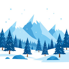 Obraz premium Winter Forest Landscape with Snowy Mountains and Evergreen Trees Flat Vector Illustration