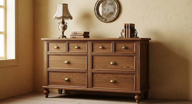 A wooden dresser with six drawers sits in a corner room with a lamp, books, and a framed picture on top