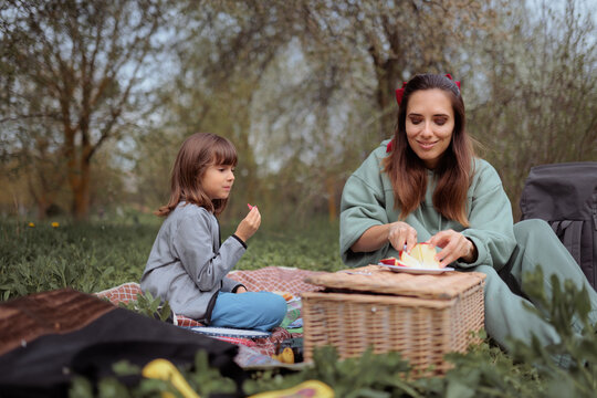 Mother Slicing Fresh Apple On Plate Near Daughter At Picnic. Happy family eats fruit together while sitting upon blanket outdoors during park leisure
