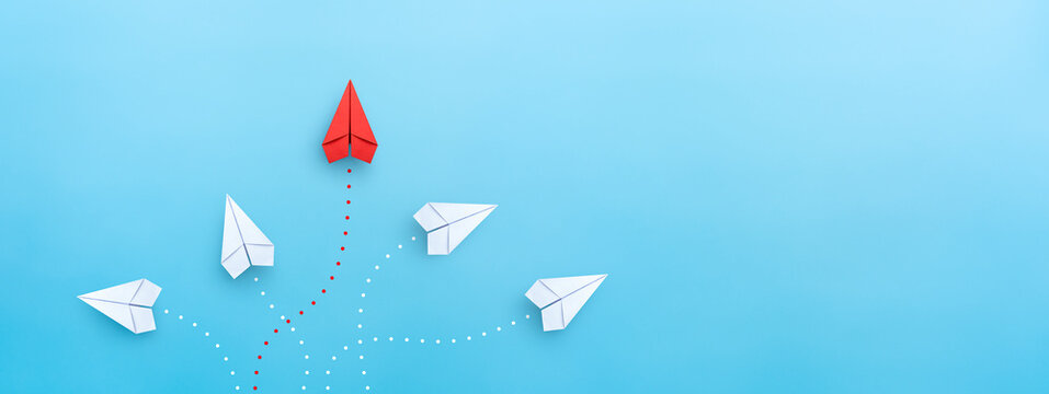 Business concept for new ideas creativity and innovative solution with Red paper planes. copy space