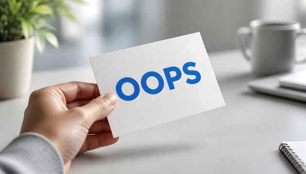 Hand Holding a Card with an Oops Message for Professional Office Settings and Error Reporting