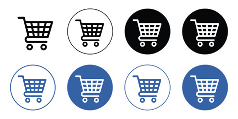 Shopping cart icons in black and blue style for commerce, retail, online shopping, e-commerce platforms, and digital marketplace concepts ©  