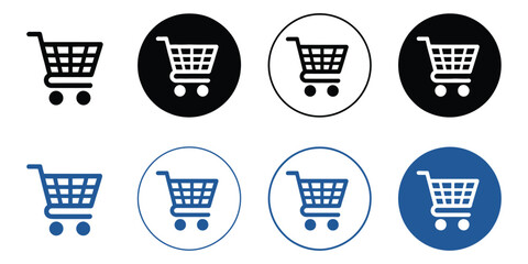 Shopping cart icons in black and blue style for commerce, retail, online shopping, e-commerce platforms, and digital marketplace concepts ©  