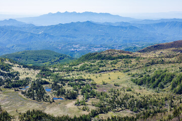 Naklejka premium View of the Yoshigahira Wetlands in spring from Shibu Pass.