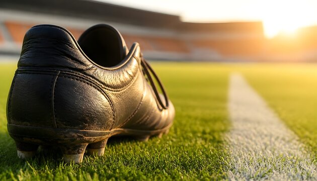 Close-up of a Single Soccer Cleat on a Stadium Field Under Golden Sunlight