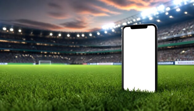 Smartphone Mockup on Lush Green Football Field with Stadium Lights in Background