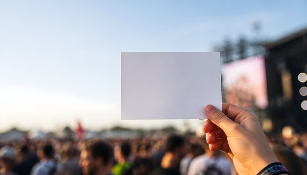 Hand Holding Blank Card at Outdoor Music Festival Crowd with Stage Background