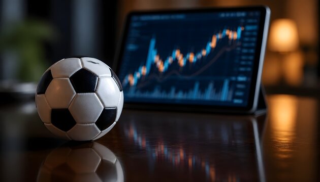 Soccer Ball and Financial Chart on Tablet Screen Reflecting Sports Betting