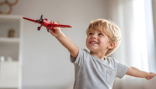 Happy Young Boy Playing with a Toy Airplane Indoors, Imagining Flight